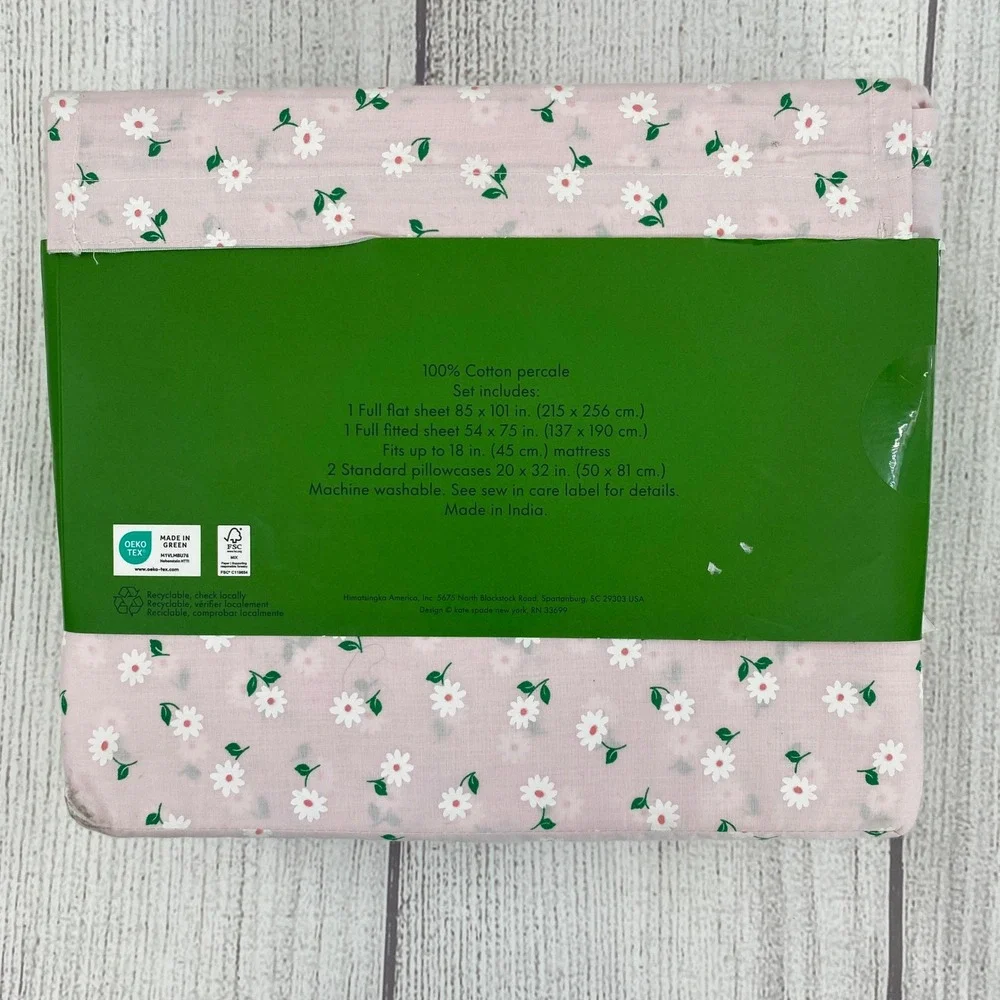 Kate Spade Sheet Set FULL Pink Daisy Floral 100% Cotton Percale Cottagecore